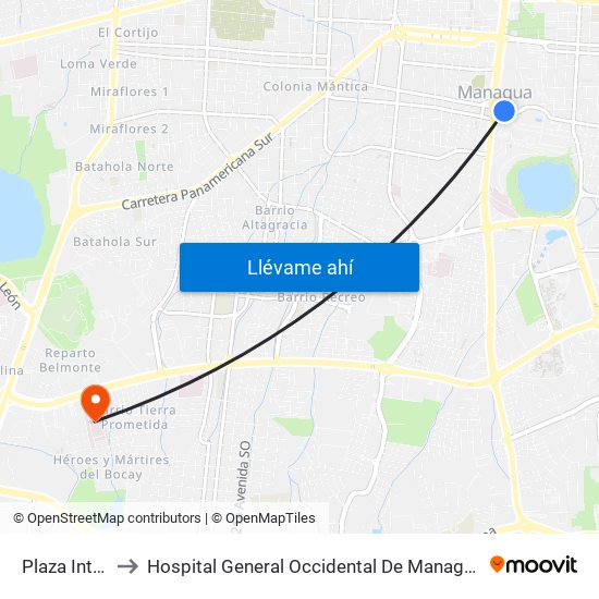 Plaza Inter to Hospital General Occidental De Managua map
