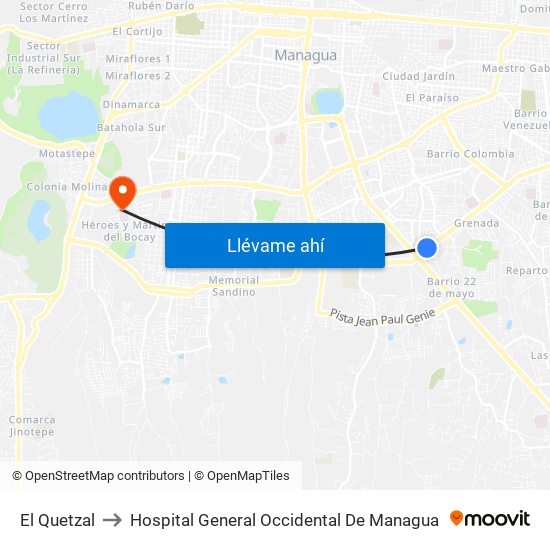 El Quetzal to Hospital General Occidental De Managua map