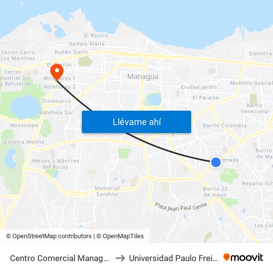 Centro Comercial Managua to Universidad Paulo Freire map