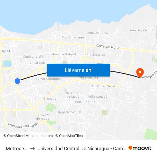 Metrocentro to Universidad Central De Nicaragua - Campus El Doral map