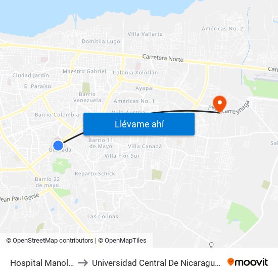 Hospital Manolo Morales to Universidad Central De Nicaragua - Campus El Doral map