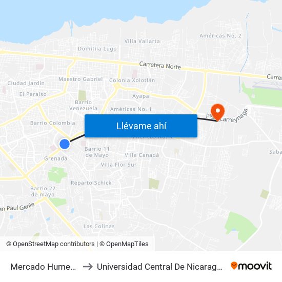 Mercado Humebes Sureste to Universidad Central De Nicaragua - Campus El Doral map