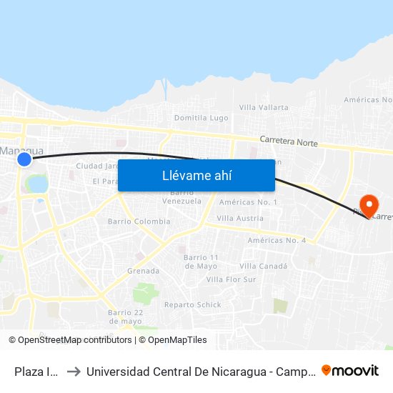 Plaza Inter to Universidad Central De Nicaragua - Campus El Doral map