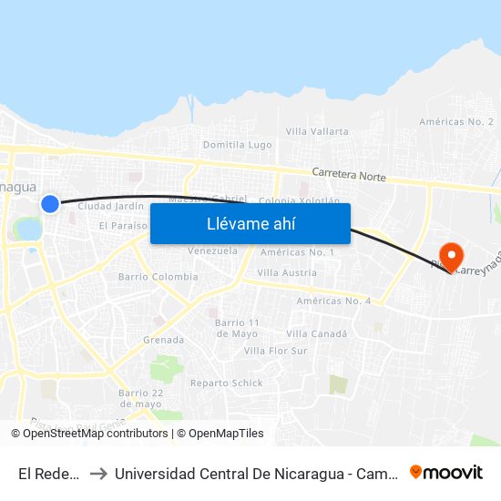 El Redentor to Universidad Central De Nicaragua - Campus El Doral map