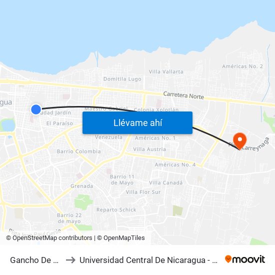 Gancho De Camino to Universidad Central De Nicaragua - Campus El Doral map