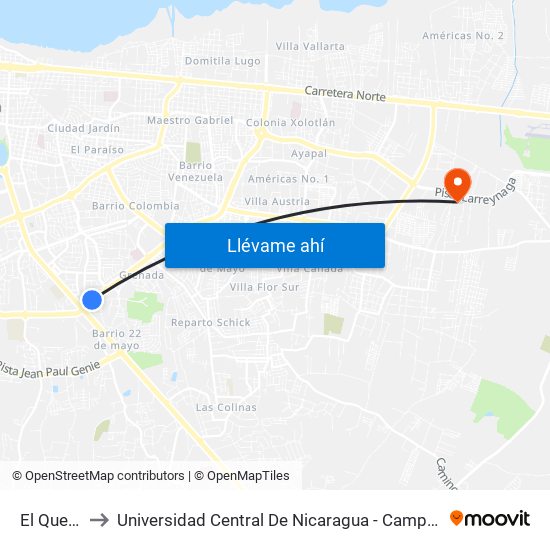 El Quetzal to Universidad Central De Nicaragua - Campus El Doral map
