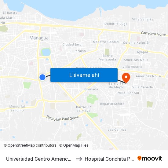 Universidad Centro Americana (Uca) to Hospital Conchita Palacios map