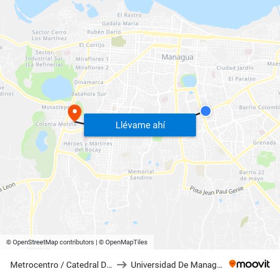 Metrocentro / Catedral De Managua to Universidad De Managua (Udem) map