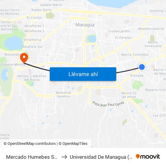 Mercado Humebes Sureste to Universidad De Managua (Udem) map