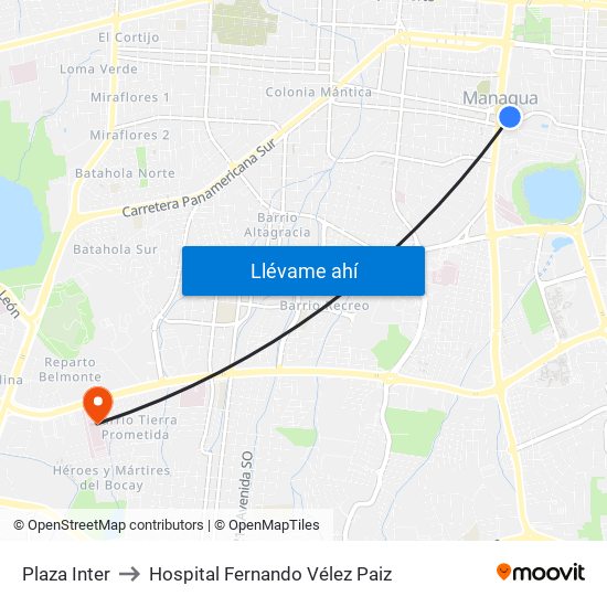 Plaza Inter to Hospital Fernando Vélez Paiz map