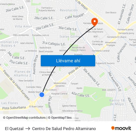 El Quetzal to Centro De Salud Pedro Altamirano map