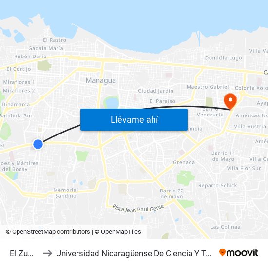 El Zumen to Universidad Nicaragüense De Ciencia Y Tecnología map