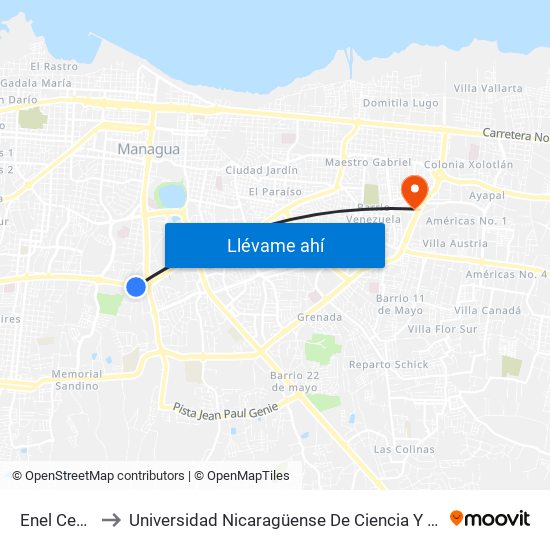 Enel Central to Universidad Nicaragüense De Ciencia Y Tecnología map