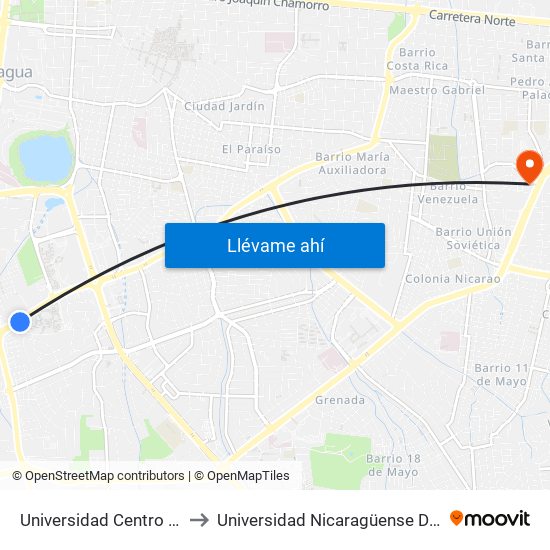 Universidad Centro Americana (Uca) to Universidad Nicaragüense De Ciencia Y Tecnología map