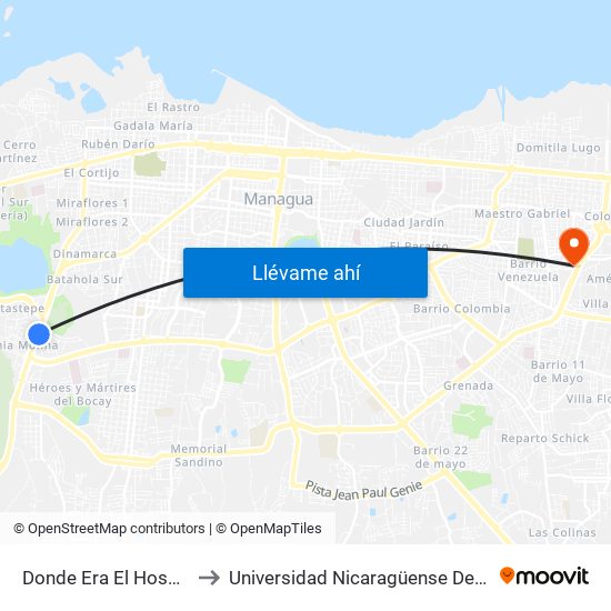 Donde Era El Hospital Velez Paiz to Universidad Nicaragüense De Ciencia Y Tecnología map
