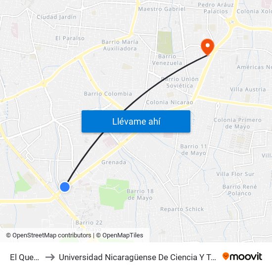 El Quetzal to Universidad Nicaragüense De Ciencia Y Tecnología map