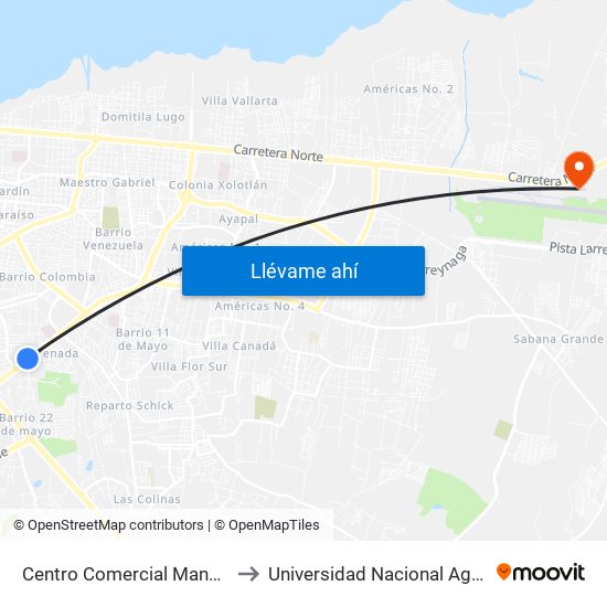 Centro Comercial Managua to Universidad Nacional Agraria map