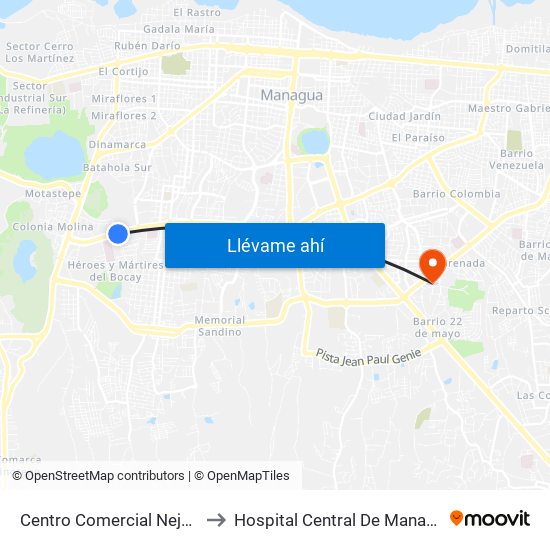 Centro Comercial Nejapa to Hospital Central De Managua map