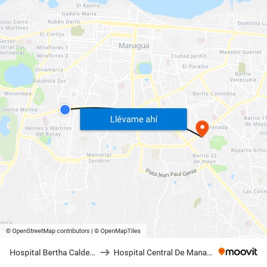 Hospital Bertha Calderón to Hospital Central De Managua map