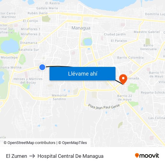El Zumen to Hospital Central De Managua map