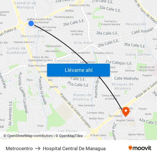 Metrocentro to Hospital Central De Managua map