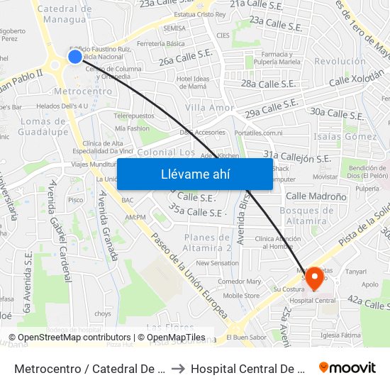 Metrocentro / Catedral De Managua to Hospital Central De Managua map