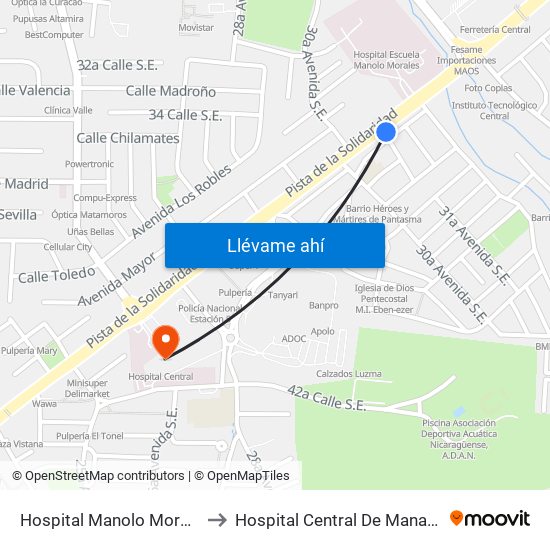 Hospital Manolo Morales to Hospital Central De Managua map