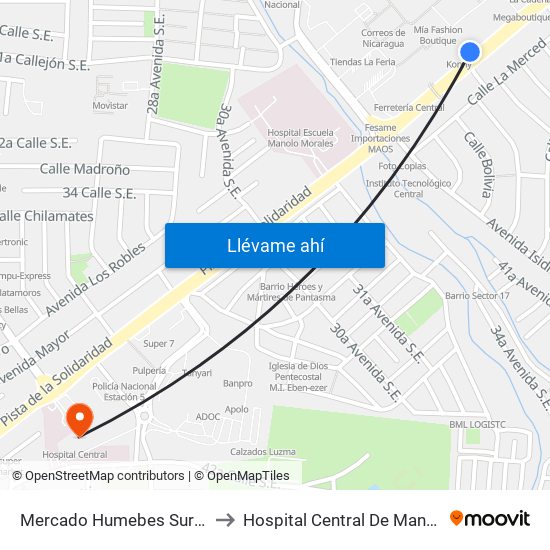 Mercado Humebes Sureste to Hospital Central De Managua map