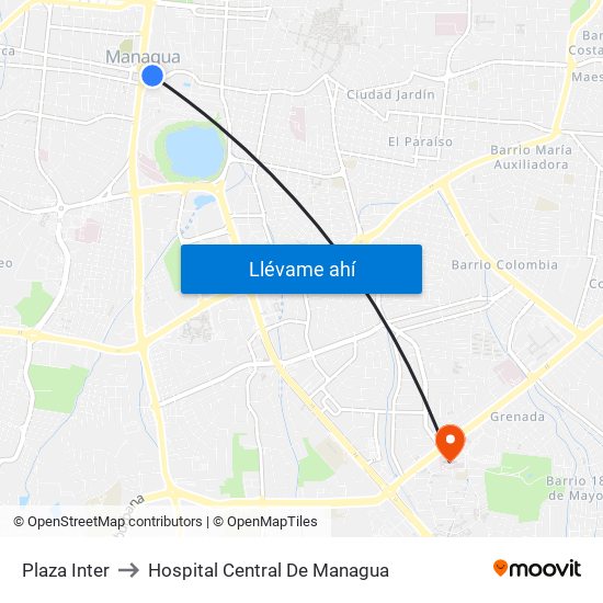 Plaza Inter to Hospital Central De Managua map
