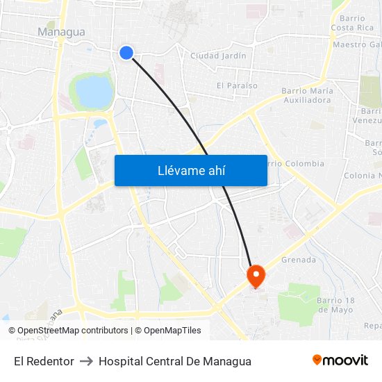 El Redentor to Hospital Central De Managua map