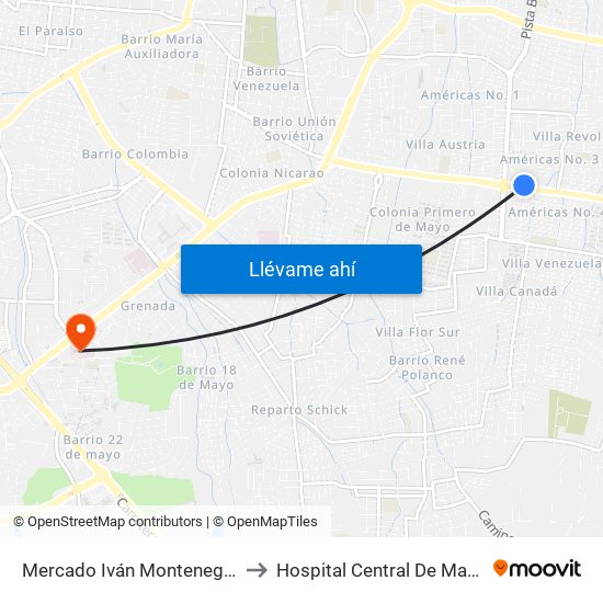 Mercado Iván Montenegro Sur to Hospital Central De Managua map