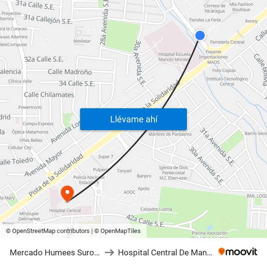 Mercado Humees Suroeste to Hospital Central De Managua map