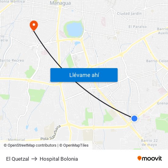 El Quetzal to Hospital Bolonia map