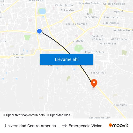 Universidad Centro Americana (Uca) to Emergencia Vivían Pellas map