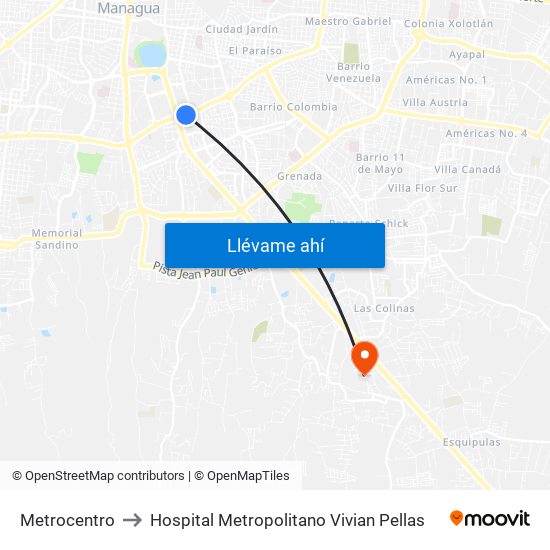 Metrocentro to Hospital Metropolitano Vivian Pellas map