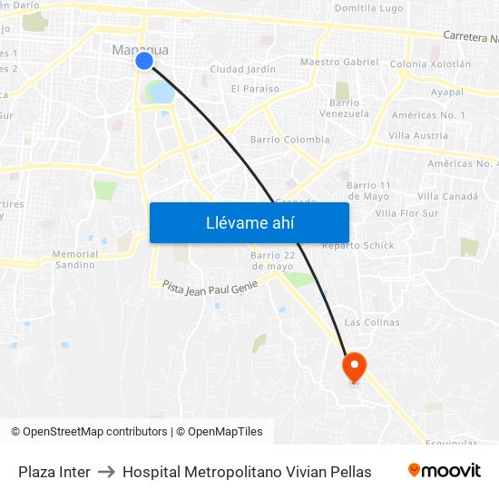 Plaza Inter to Hospital Metropolitano Vivian Pellas map