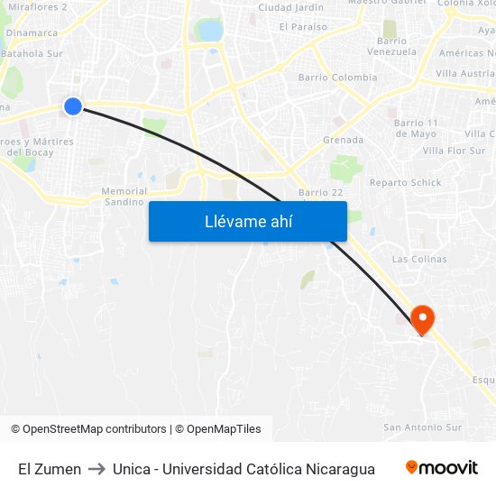 El Zumen to Unica - Universidad Católica Nicaragua map