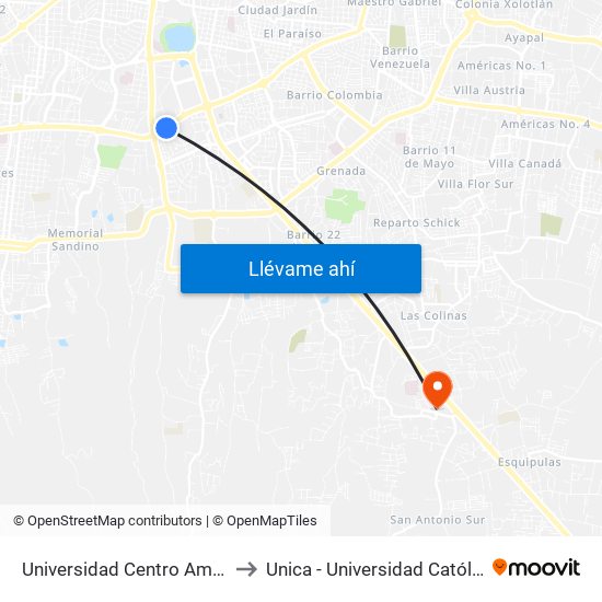 Universidad Centro Americana (Uca) to Unica - Universidad Católica Nicaragua map