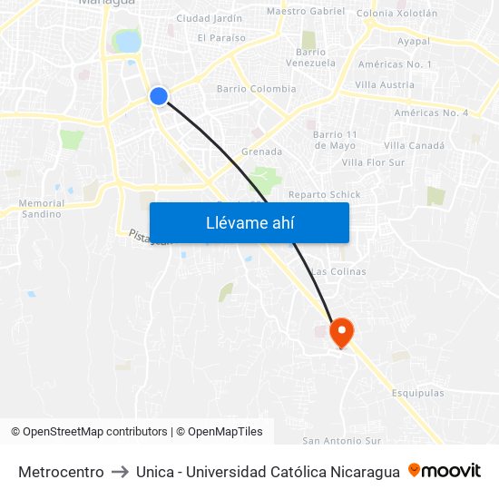 Metrocentro to Unica - Universidad Católica Nicaragua map