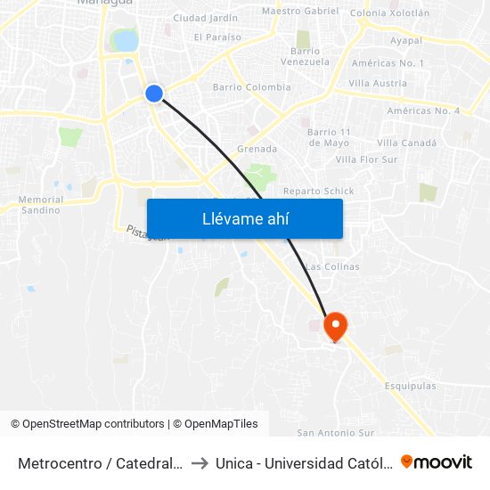 Metrocentro / Catedral De Managua to Unica - Universidad Católica Nicaragua map