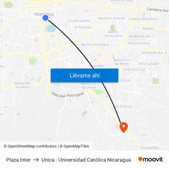 Plaza Inter to Unica - Universidad Católica Nicaragua map