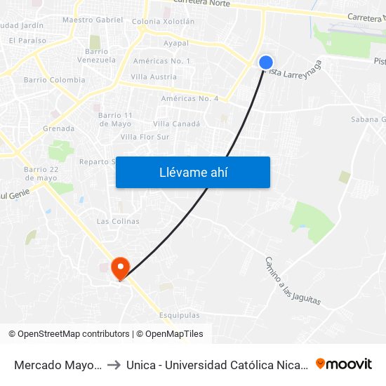 Mercado Mayoreo to Unica - Universidad Católica Nicaragua map