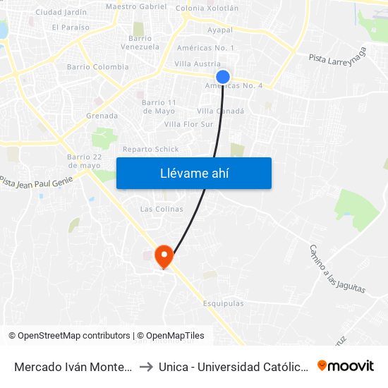 Mercado Iván Montenegro Sur to Unica - Universidad Católica Nicaragua map