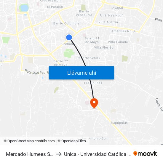 Mercado Humees Suroeste to Unica - Universidad Católica Nicaragua map