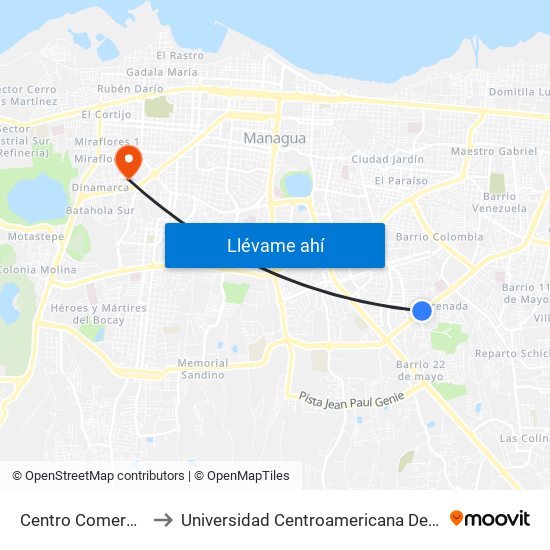 Centro Comercial Managua to Universidad Centroamericana De Ciencias Empresariales map
