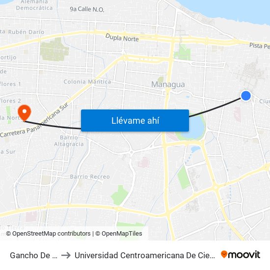 Gancho De Camino to Universidad Centroamericana De Ciencias Empresariales map