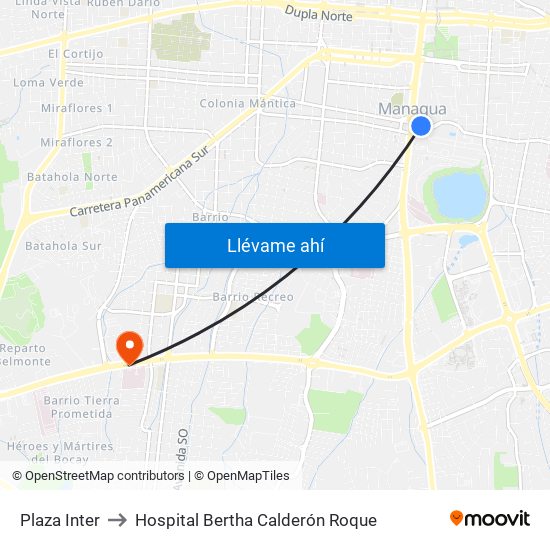 Plaza Inter to Hospital Bertha Calderón Roque map