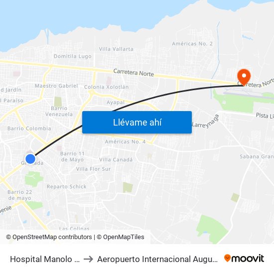 Hospital Manolo Morales to Aeropuerto Internacional Augusto C Sandino map