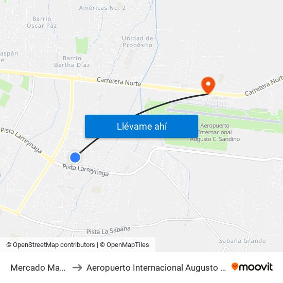 Mercado Mayoreo to Aeropuerto Internacional Augusto C Sandino map