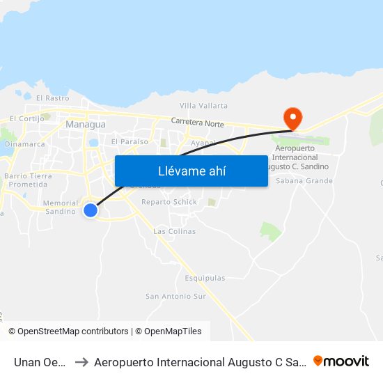 Unan Oeste to Aeropuerto Internacional Augusto C Sandino map